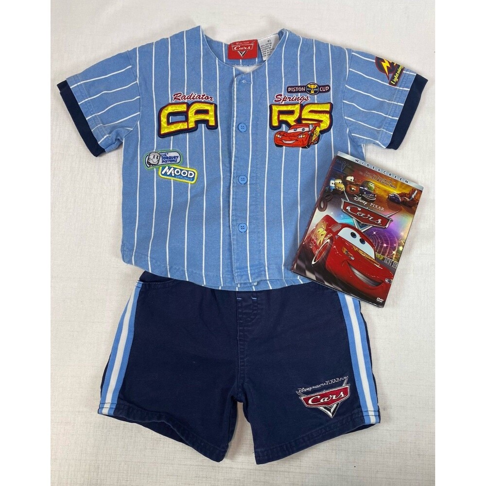 VTG Disney Pixar CARS Lightning McQueen Baseball Shirt Shorts Movie DVD SET 4T